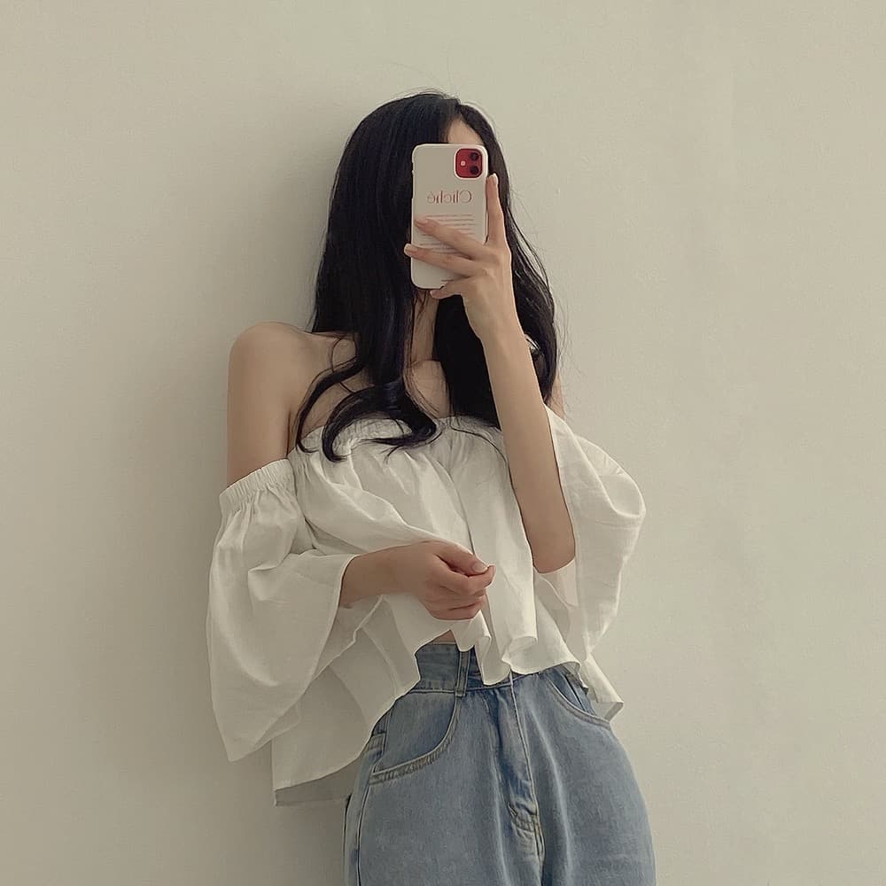 재고 있음 작은 대중 나팔 소매 오프숄더 튜브탑 프랑스식 부드러운 쇼트 스타일 셔츠 여성 상세 이미지 22