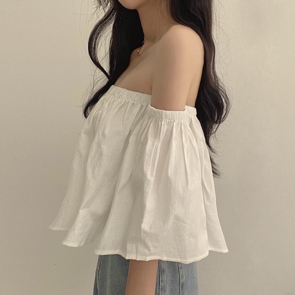 재고 있음 작은 대중 나팔 소매 오프숄더 튜브탑 프랑스식 부드러운 쇼트 스타일 셔츠 여성 상세 이미지 23