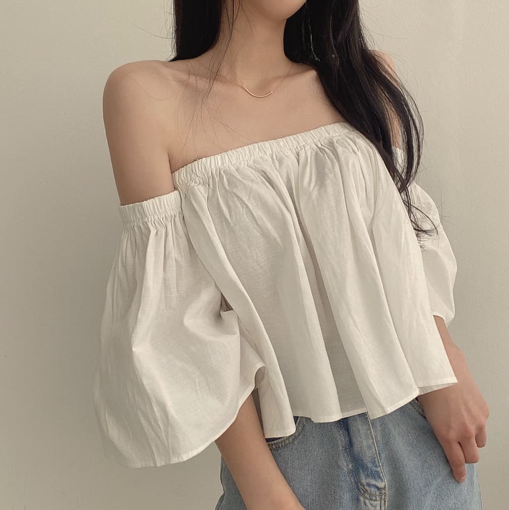 재고 있음 작은 대중 나팔 소매 오프숄더 튜브탑 프랑스식 부드러운 쇼트 스타일 셔츠 여성 상세 이미지 24