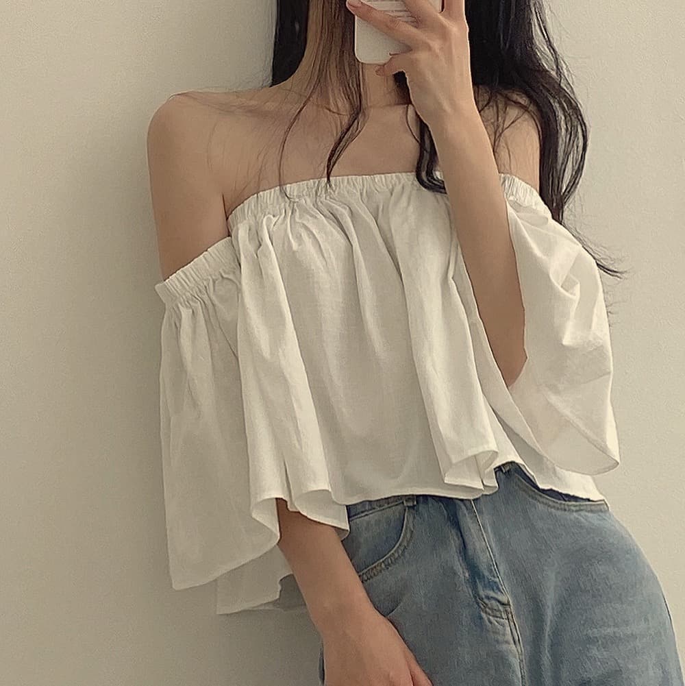 재고 있음 작은 대중 나팔 소매 오프숄더 튜브탑 프랑스식 부드러운 쇼트 스타일 셔츠 여성 상세 이미지 25