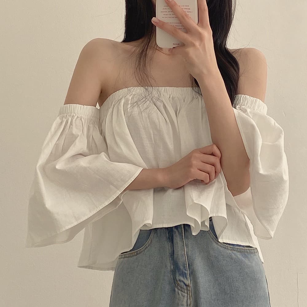 재고 있음 작은 대중 나팔 소매 오프숄더 튜브탑 프랑스식 부드러운 쇼트 스타일 셔츠 여성 상세 이미지 26