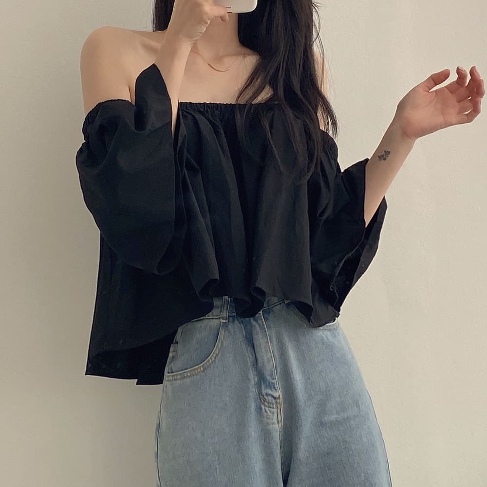 재고 있음 작은 대중 나팔 소매 오프숄더 튜브탑 프랑스식 부드러운 쇼트 스타일 셔츠 여성 상세 이미지 27