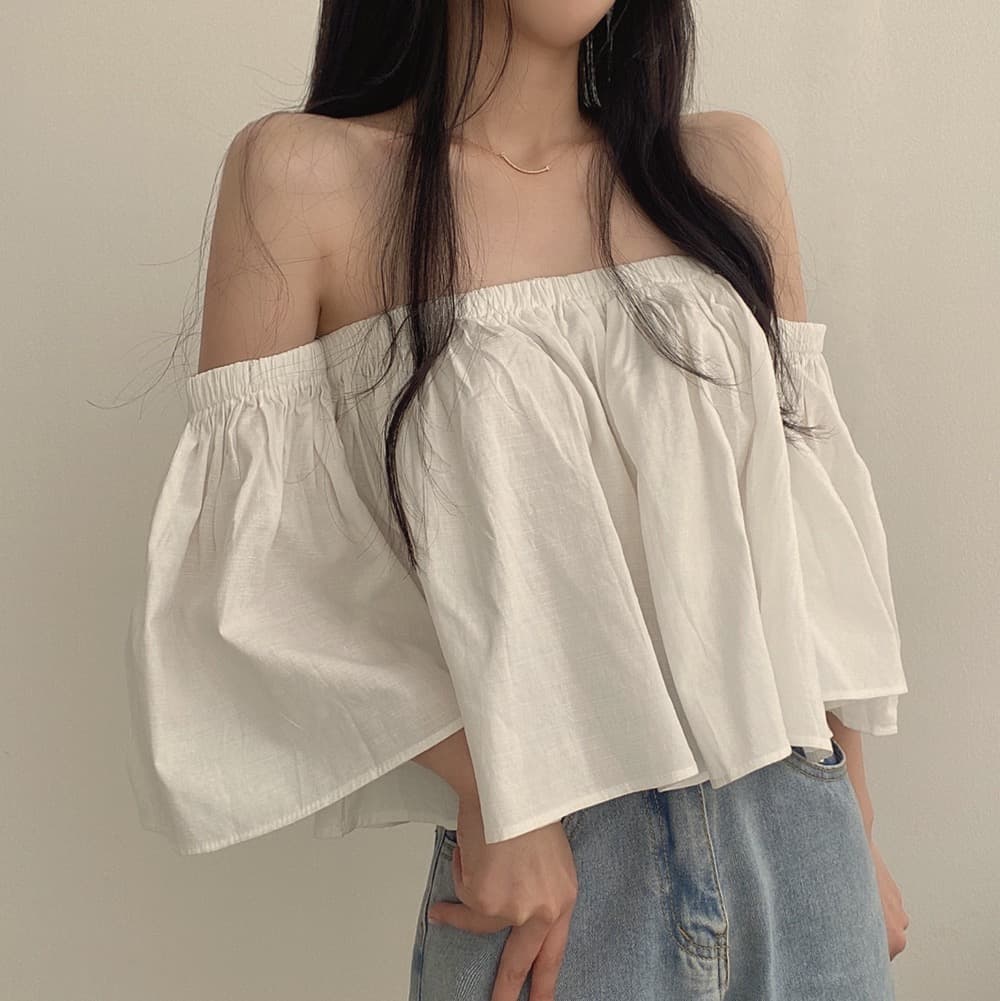 재고 있음 작은 대중 나팔 소매 오프숄더 튜브탑 프랑스식 부드러운 쇼트 스타일 셔츠 여성 상세 이미지 28