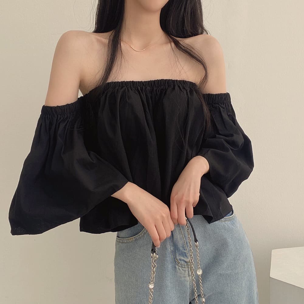재고 있음 작은 대중 나팔 소매 오프숄더 튜브탑 프랑스식 부드러운 쇼트 스타일 셔츠 여성 상세 이미지 29
