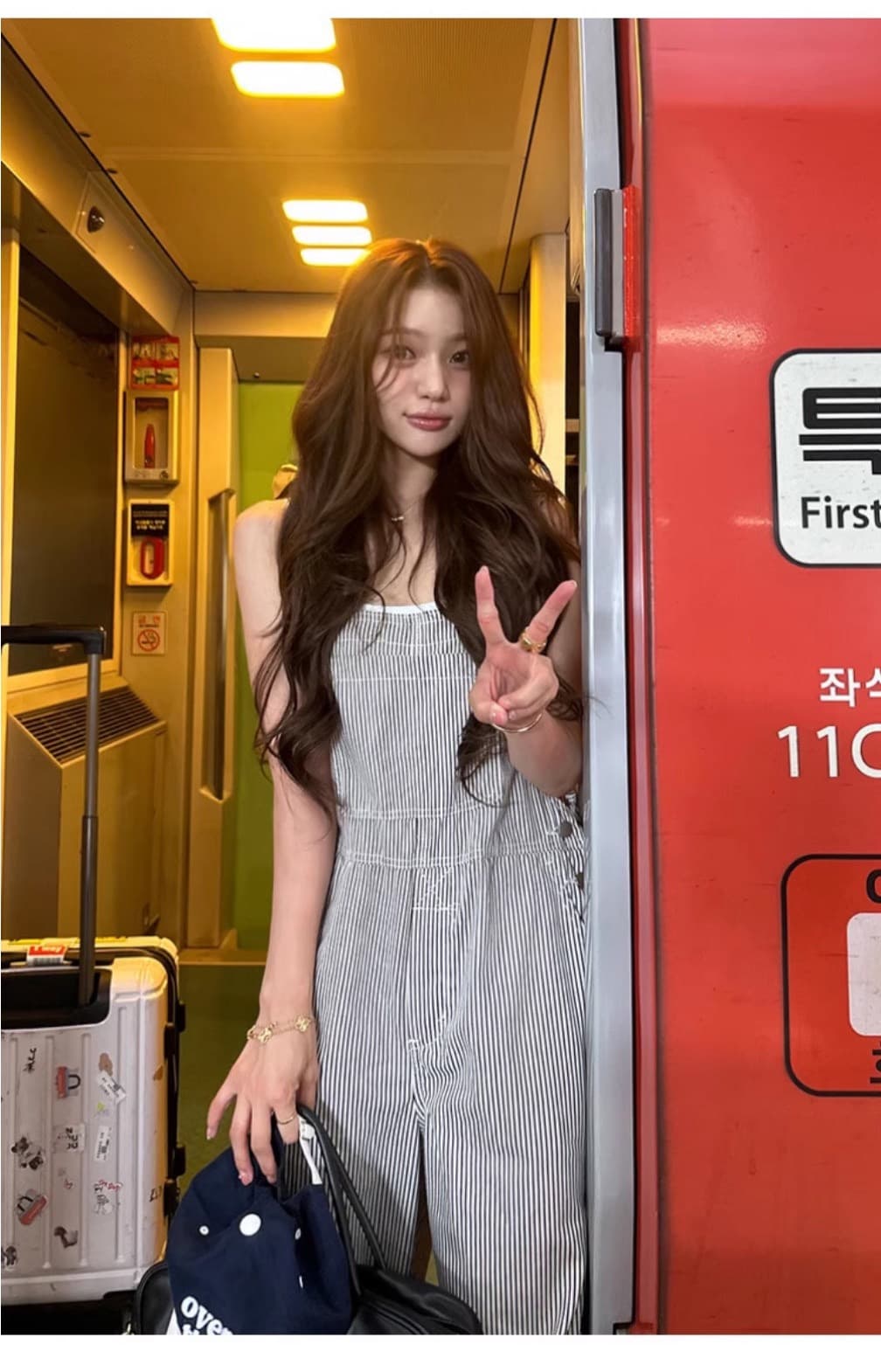 있음 밖으로 한국 스타일 레트로 스트라이프 스트레이트 워크웨어 멜빵 바지 여성 거리 올인원 바지 슬림해 보이는 캐주얼 바지