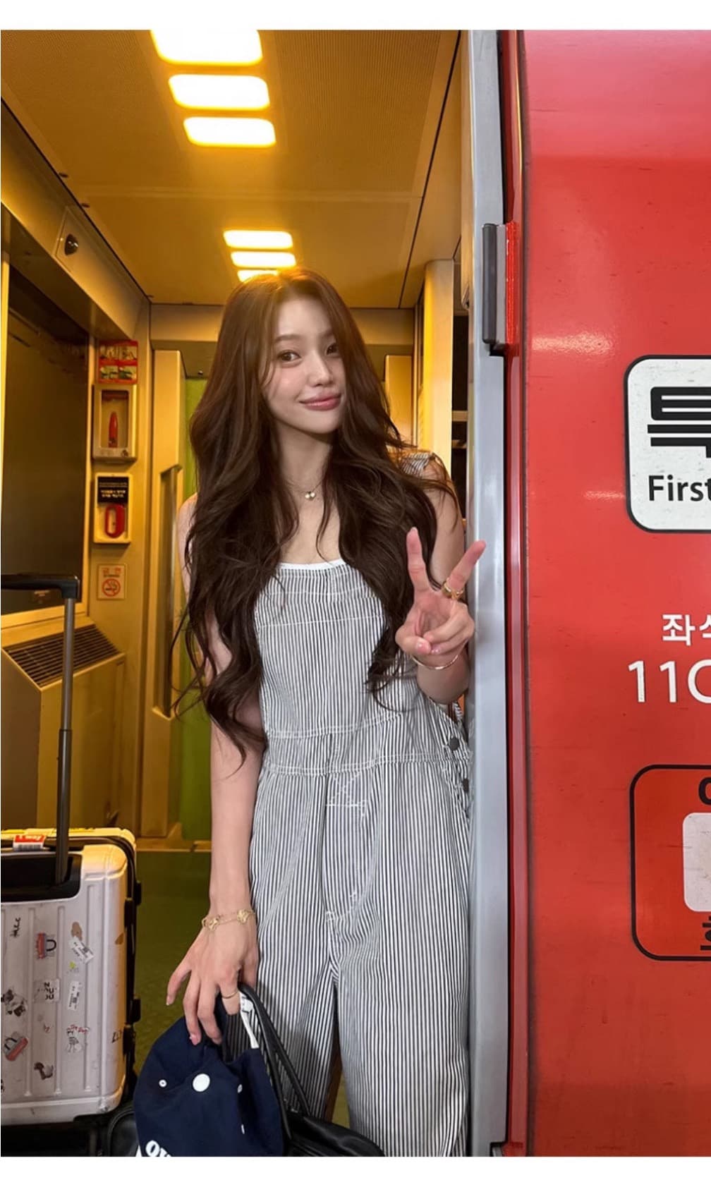 있음 밖으로 한국 스타일 레트로 스트라이프 스트레이트 워크웨어 멜빵 바지 여성 거리 올인원 바지 슬림해 보이는 캐주얼 바지 상세 이미지 7