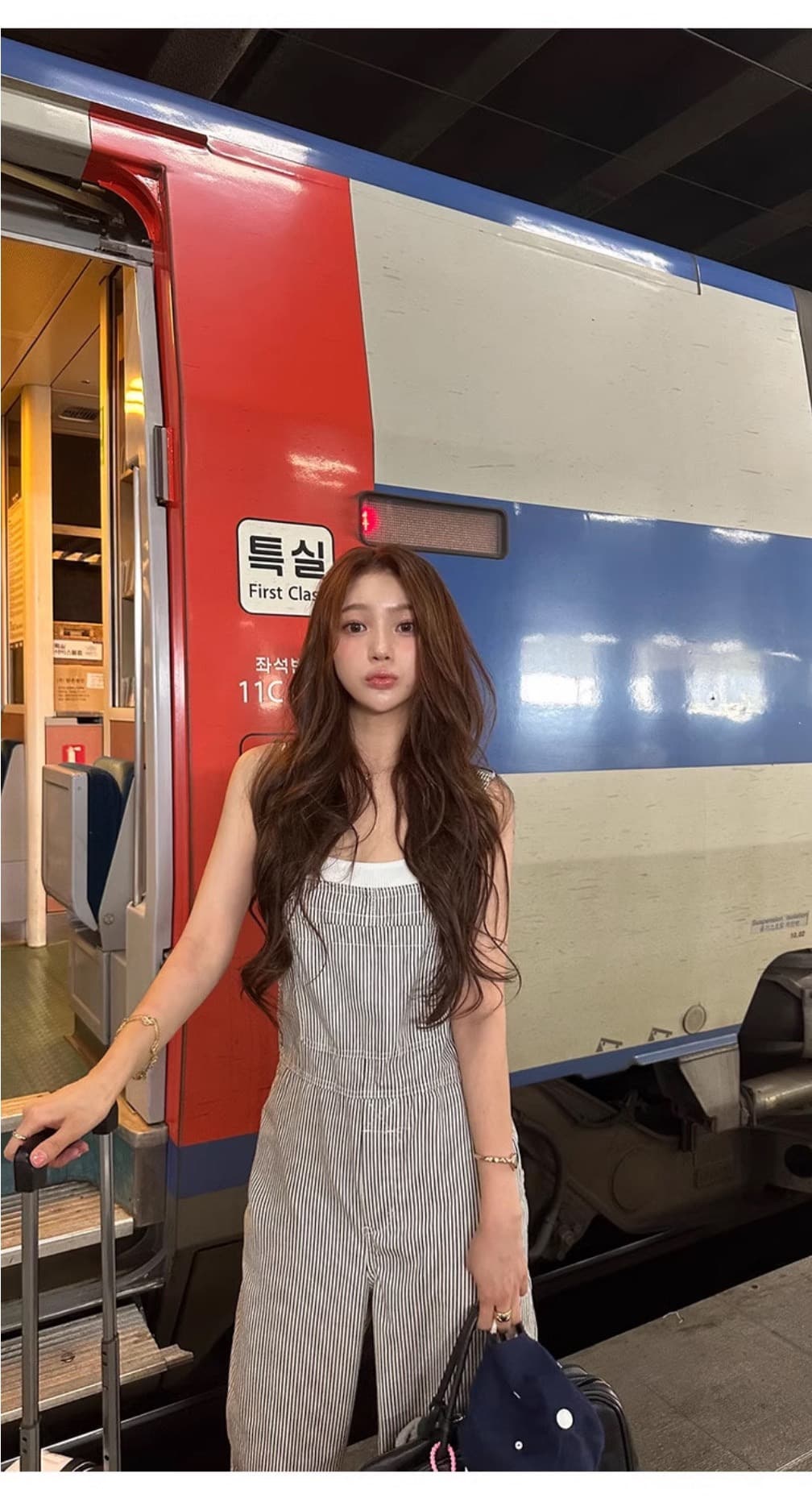 있음 밖으로 한국 스타일 레트로 스트라이프 스트레이트 워크웨어 멜빵 바지 여성 거리 올인원 바지 슬림해 보이는 캐주얼 바지 상세 이미지 10