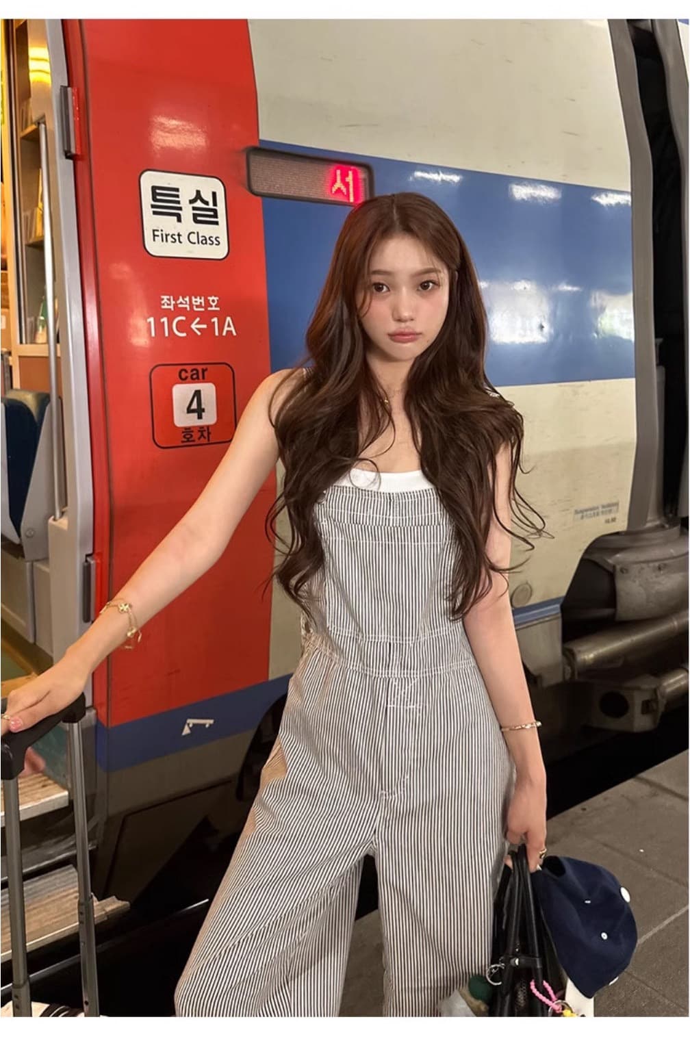 있음 밖으로 한국 스타일 레트로 스트라이프 스트레이트 워크웨어 멜빵 바지 여성 거리 올인원 바지 슬림해 보이는 캐주얼 바지 상세 이미지 11