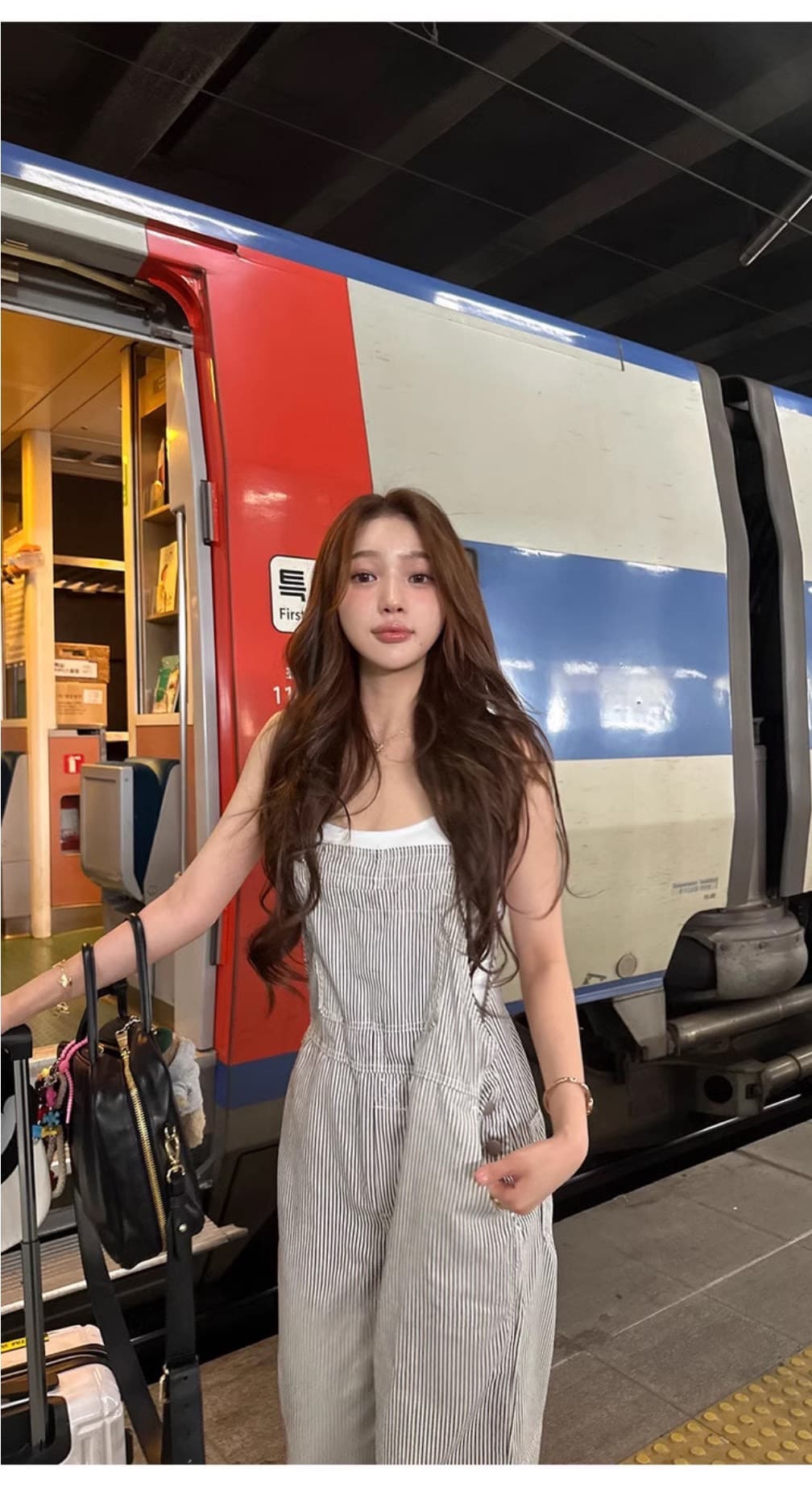 있음 밖으로 한국 스타일 레트로 스트라이프 스트레이트 워크웨어 멜빵 바지 여성 거리 올인원 바지 슬림해 보이는 캐주얼 바지 상세 이미지 13