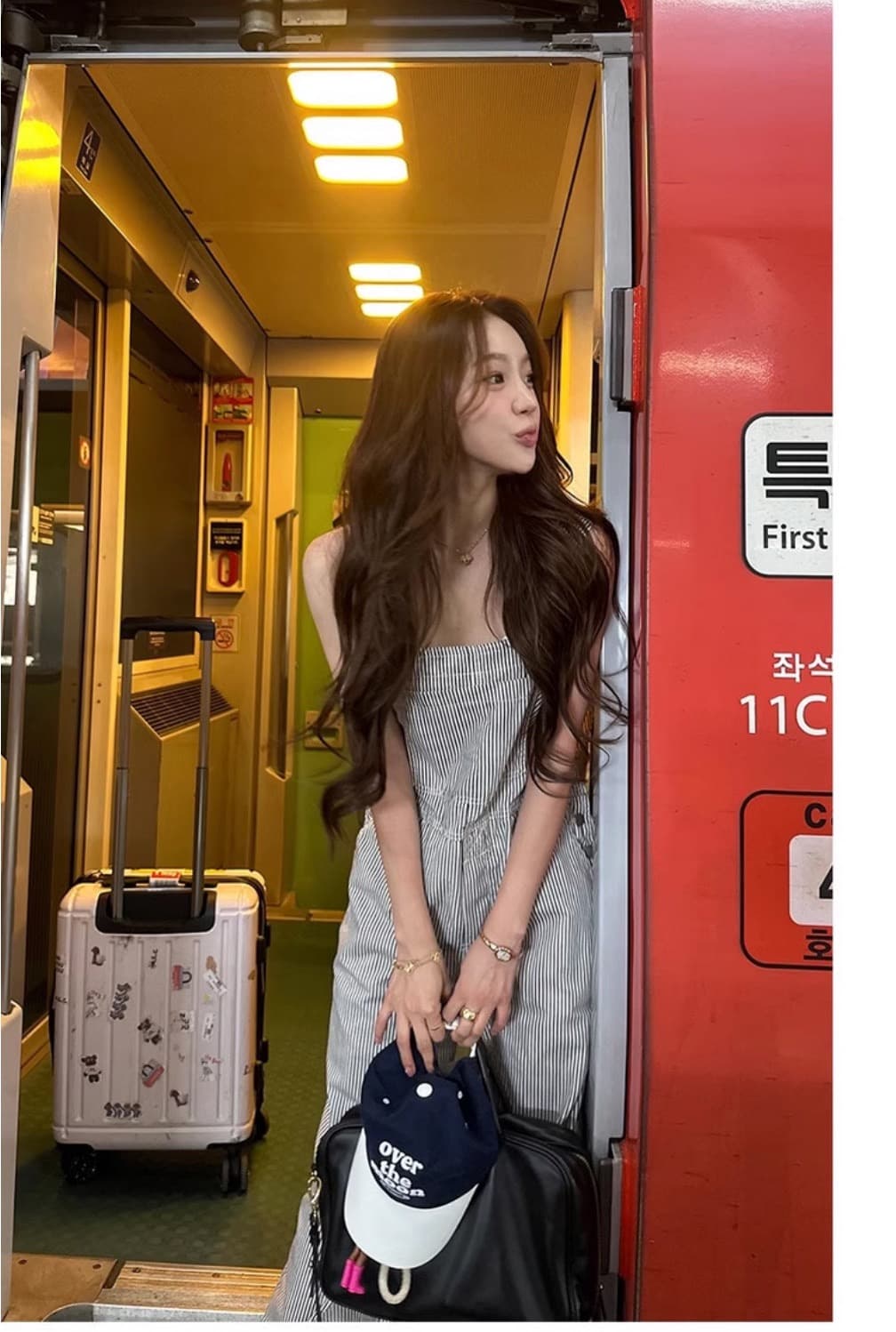 있음 밖으로 한국 스타일 레트로 스트라이프 스트레이트 워크웨어 멜빵 바지 여성 거리 올인원 바지 슬림해 보이는 캐주얼 바지 상세 이미지 14