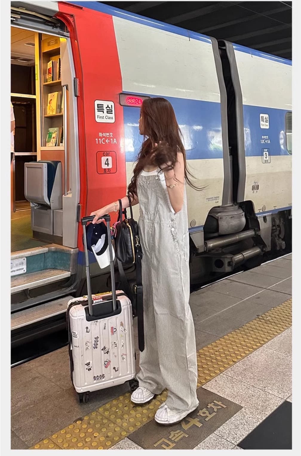 있음 밖으로 한국 스타일 레트로 스트라이프 스트레이트 워크웨어 멜빵 바지 여성 거리 올인원 바지 슬림해 보이는 캐주얼 바지 상세 이미지 19