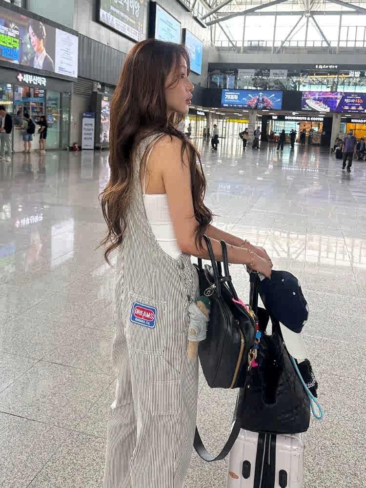 있음 밖으로 한국 스타일 레트로 스트라이프 스트레이트 워크웨어 멜빵 바지 여성 거리 올인원 바지 슬림해 보이는 캐주얼 바지 상세 이미지 23