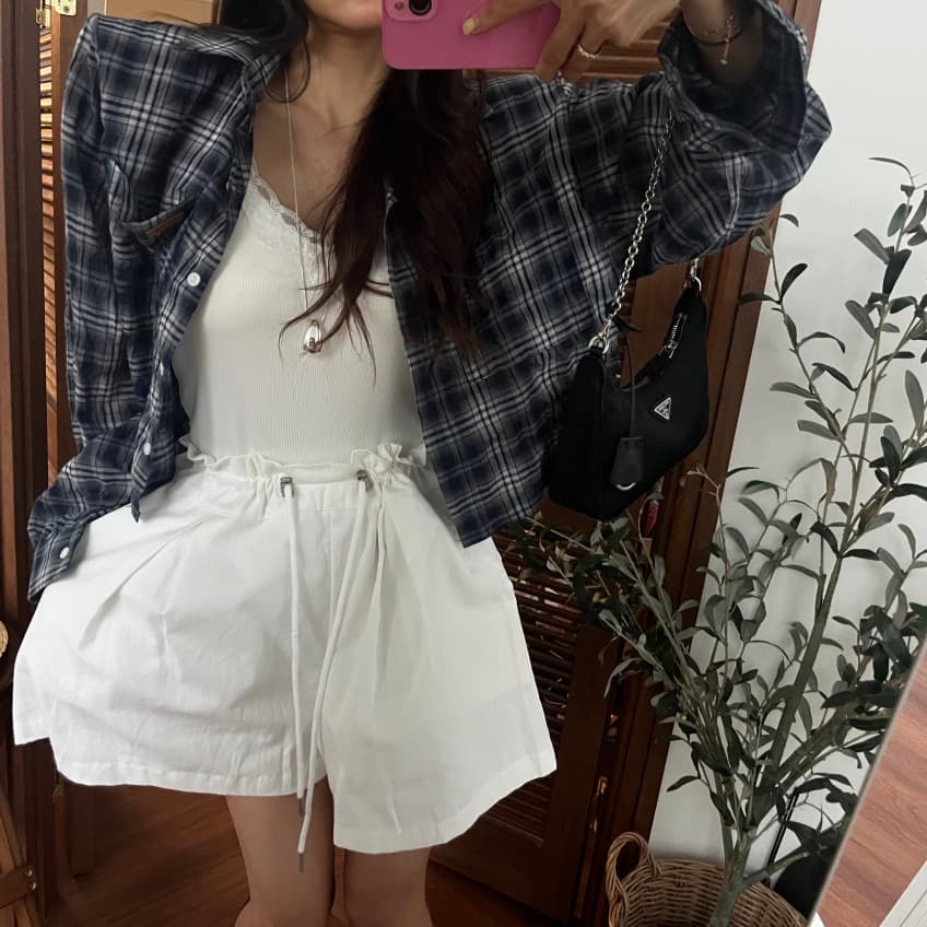 재고 있음 새로운 외국 가스 쇼트 스타일 뒤에 트임 스트랩 격자 무늬 셔츠 상세 이미지 12