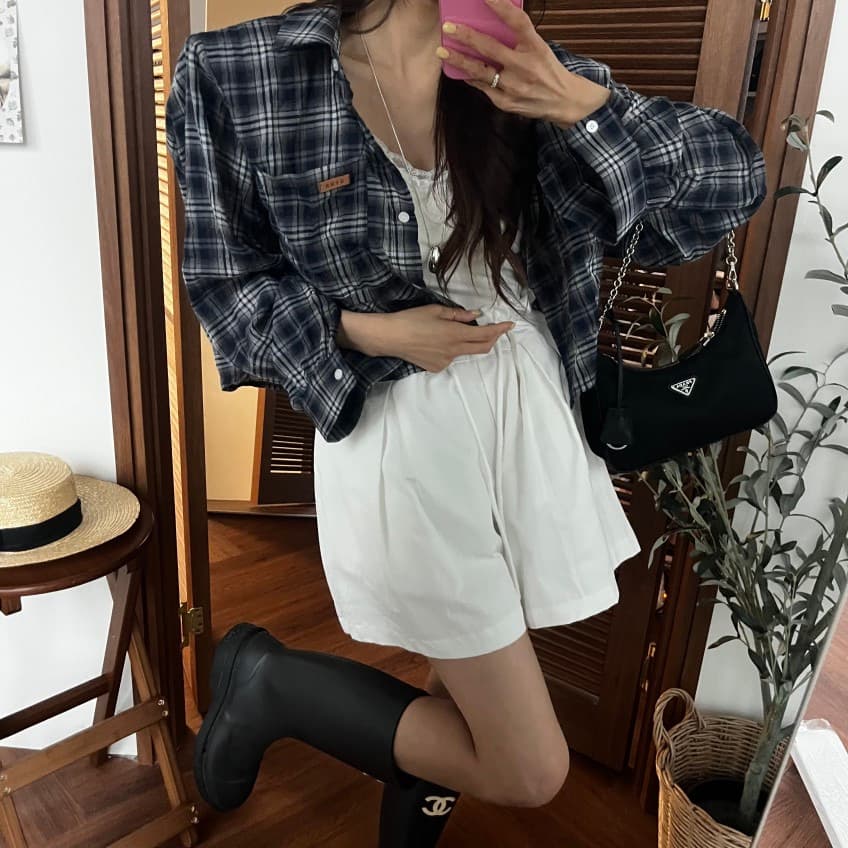 재고 있음 새로운 외국 가스 쇼트 스타일 뒤에 트임 스트랩 격자 무늬 셔츠 상세 이미지 21