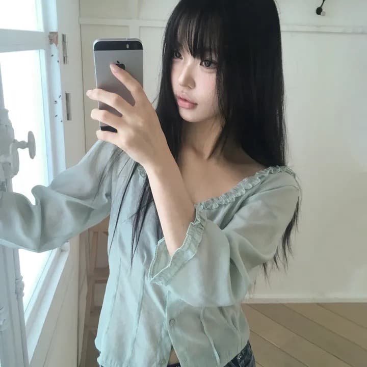 재고 있음 한국 chic 여름 품격 광장 칼라 프릴 싱글 줄 버튼 7부 소매 셔츠 상세 이미지 7