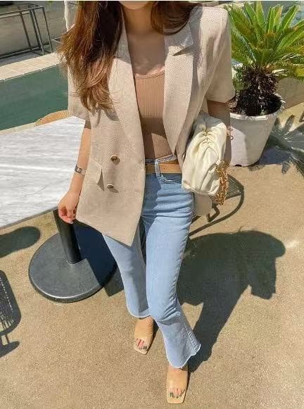 chic 얇은 스타일 반팔 정장 여성 코트 빛 요리 한 패션 고급 디자인 센스 작은 대중 이미지 3