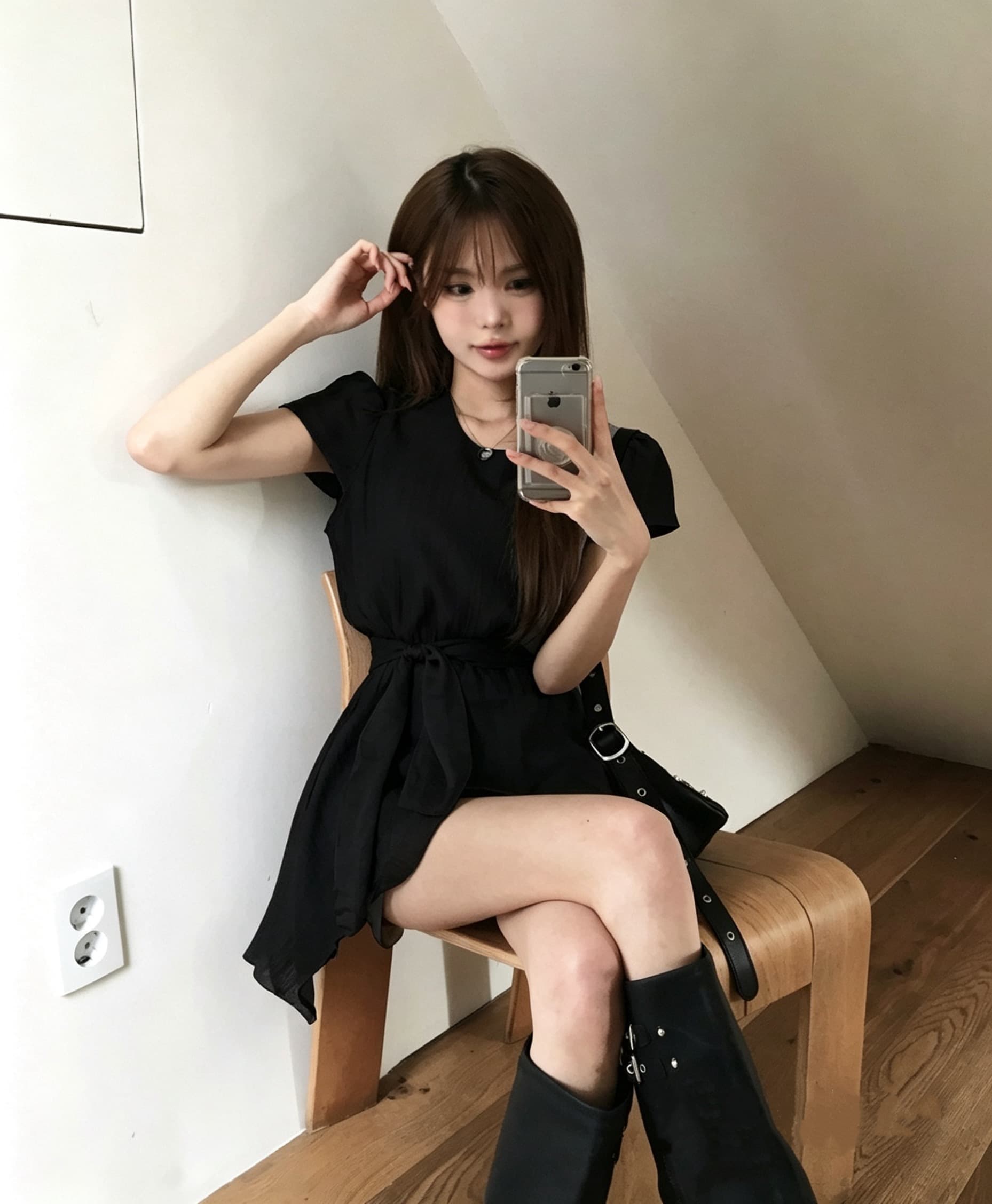 동대문 새로운 미니멀리즘 불규칙 허리 수축 슬림해 보이는 라운드 넥 쉬폰 블라우스 상세 이미지 1