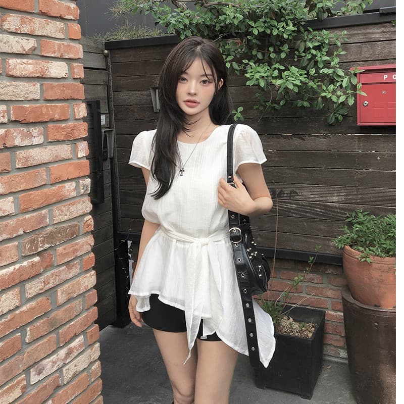 동대문 새로운 미니멀리즘 불규칙 허리 수축 슬림해 보이는 라운드 넥 쉬폰 블라우스 상세 이미지 6