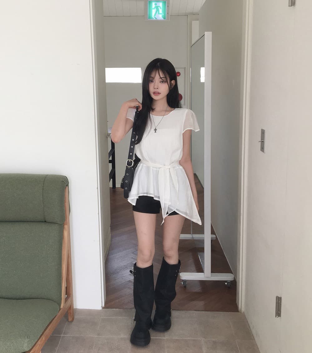 동대문 새로운 미니멀리즘 불규칙 허리 수축 슬림해 보이는 라운드 넥 쉬폰 블라우스 상세 이미지 7