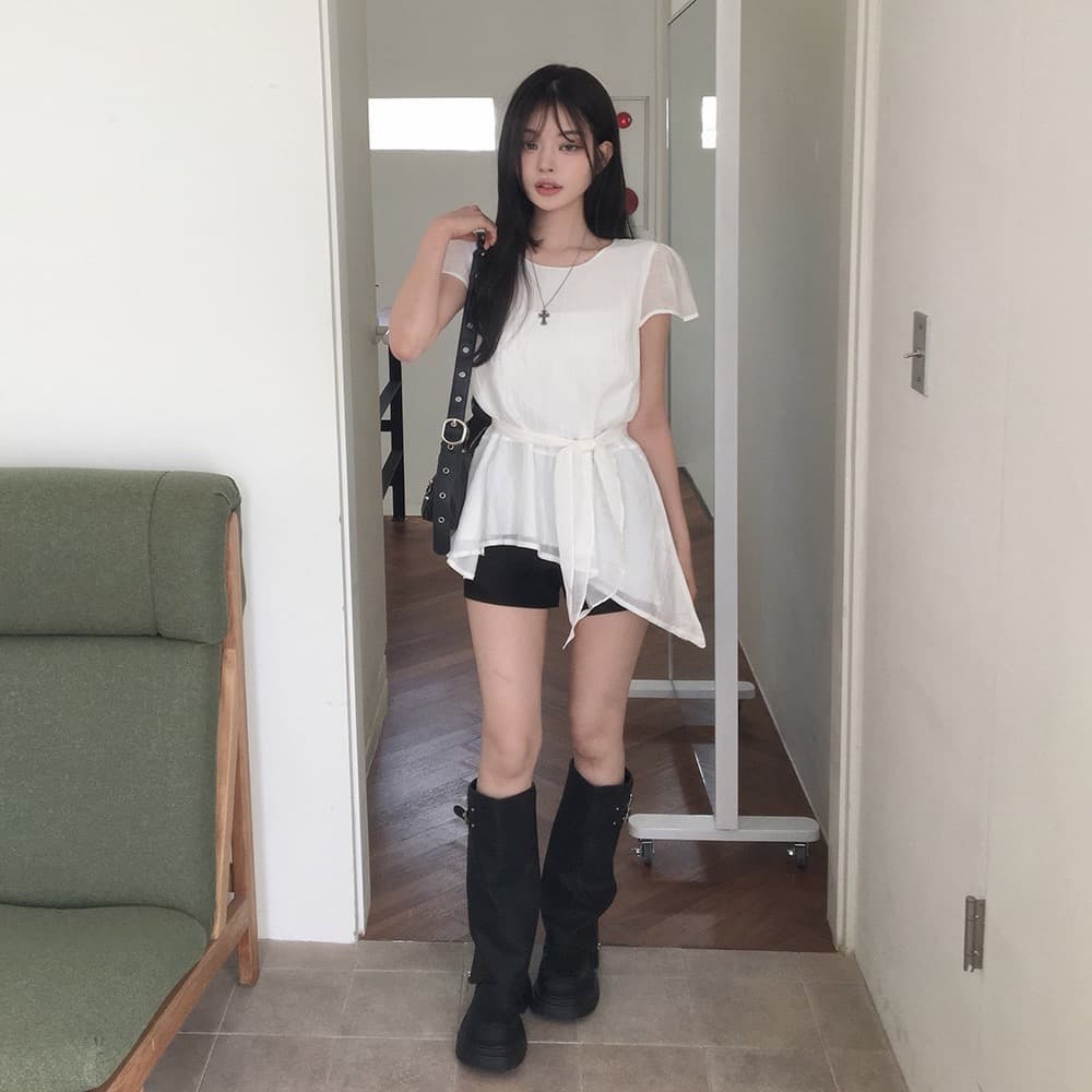 동대문 새로운 미니멀리즘 불규칙 허리 수축 슬림해 보이는 라운드 넥 쉬폰 블라우스 상세 이미지 11