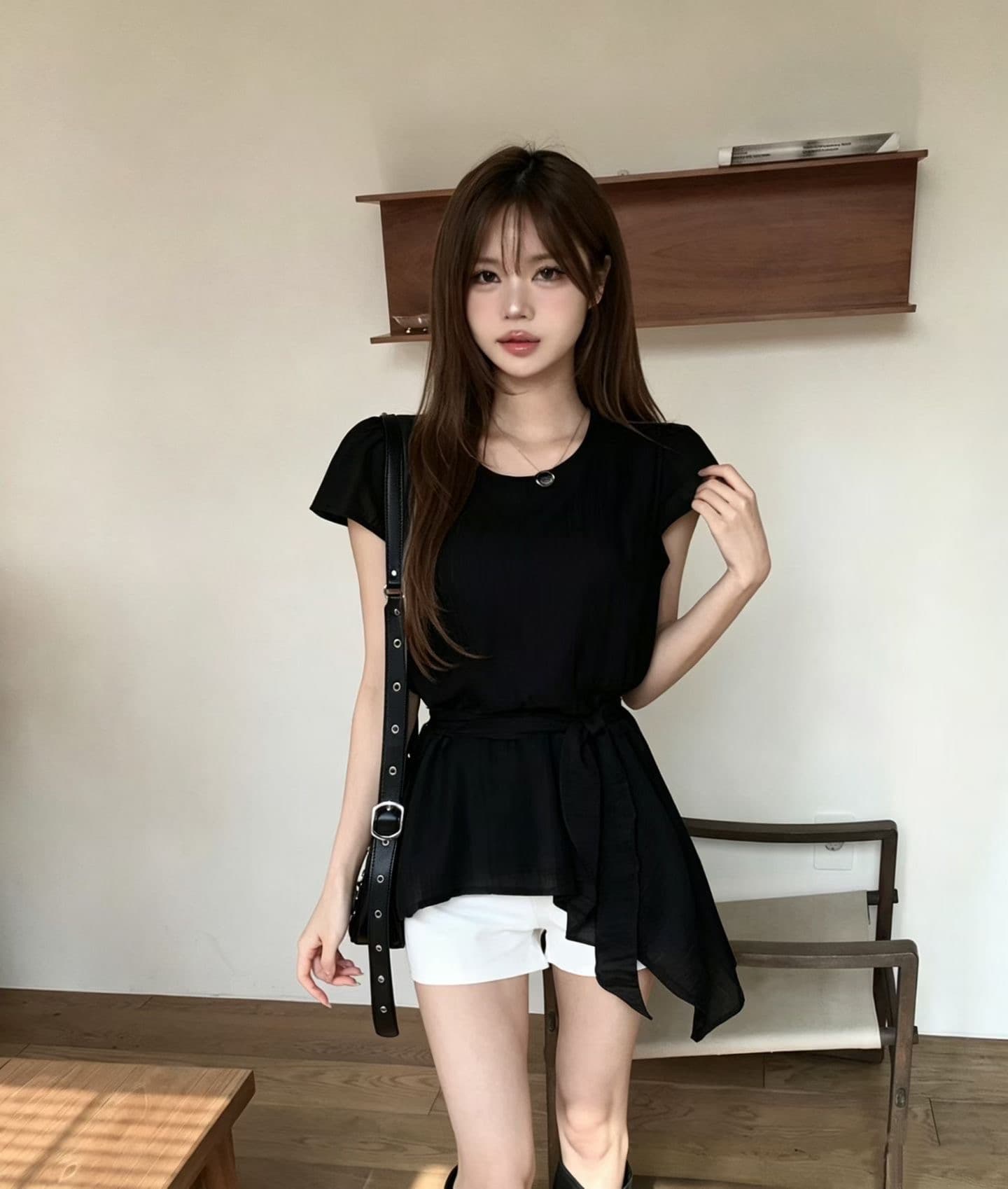 동대문 새로운 미니멀리즘 불규칙 허리 수축 슬림해 보이는 라운드 넥 쉬폰 블라우스 상세 이미지 13