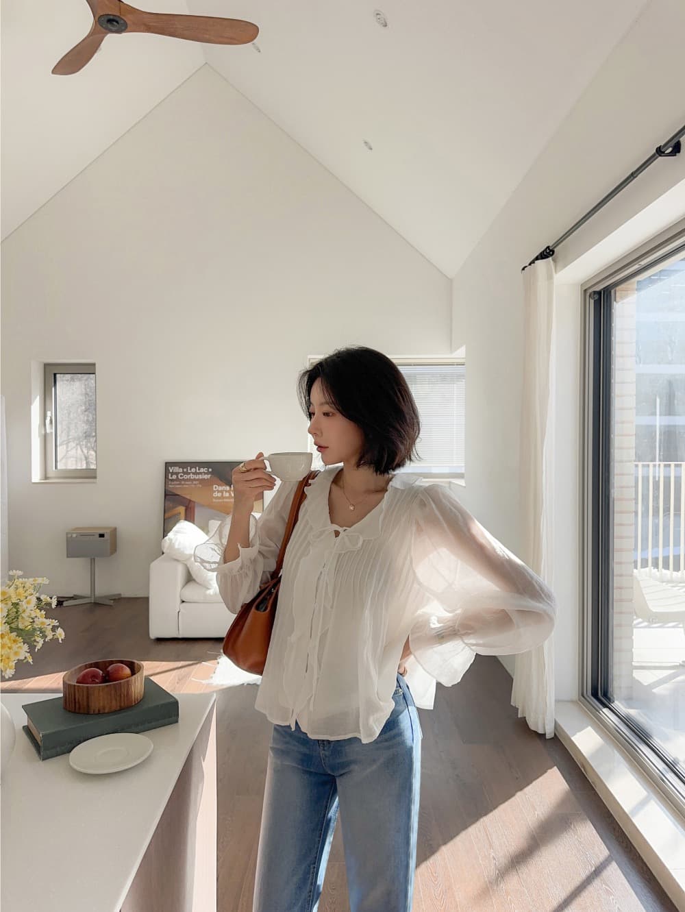 봄 무거운 작업 달콤함 낭만주의 연령 감소 프릴 물결무늬 칼라 플리츠 레이스업 마이크로 ~을 통해 이중층 긴팔 여성 셔츠 상세 이미지 11