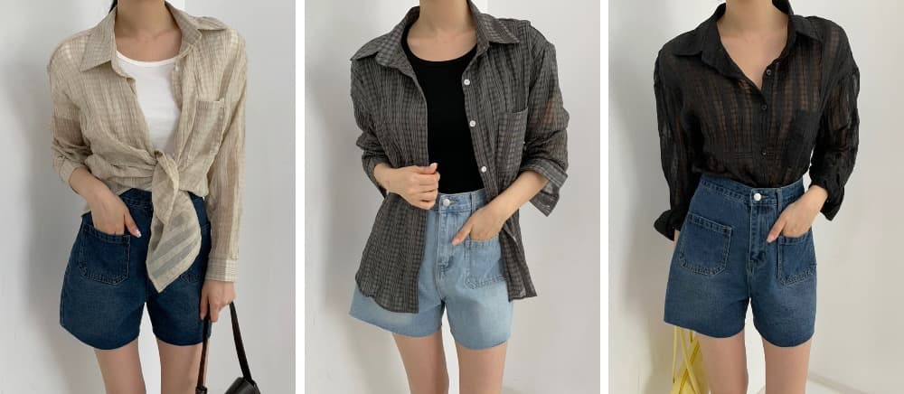 새로운 한국 스타일 남자 친구 바람 자외선 차단 블라우스 레트로 플리츠 마이크로 주름 마이크로 ~을 통해 스트라이프 그리드 긴팔 루즈핏 여성 셔츠 상세 이미지 17