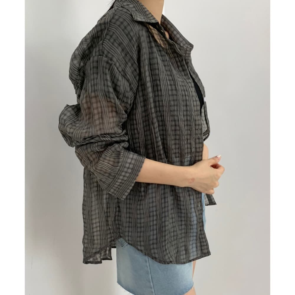 새로운 한국 스타일 남자 친구 바람 자외선 차단 블라우스 레트로 플리츠 마이크로 주름 마이크로 ~을 통해 스트라이프 그리드 긴팔 루즈핏 여성 셔츠 상세 이미지 18