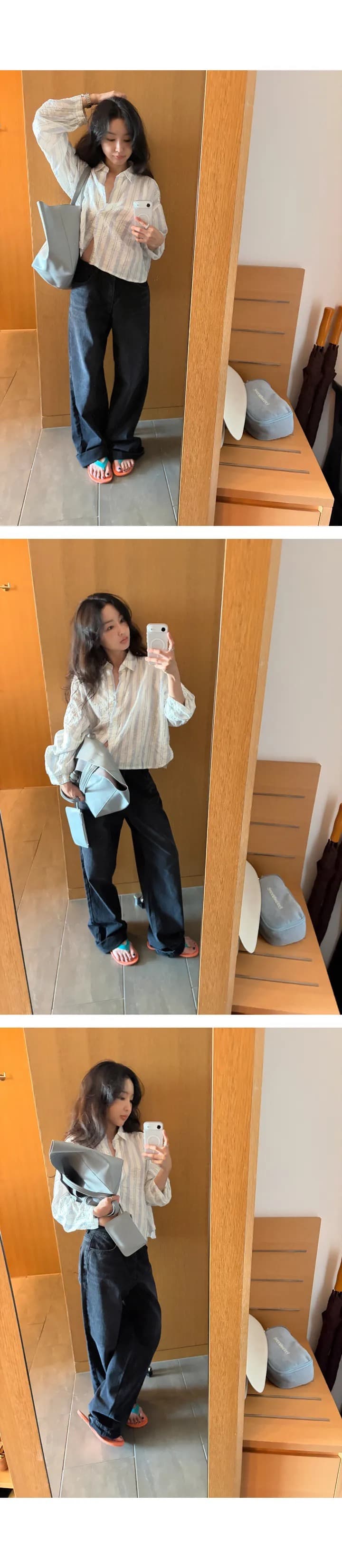 재고 있음 chic 캐주얼 바람 상쾌 스트라이프 출퇴근 다용도 루즈핏 자외선 차단 셔츠 상세 이미지 2