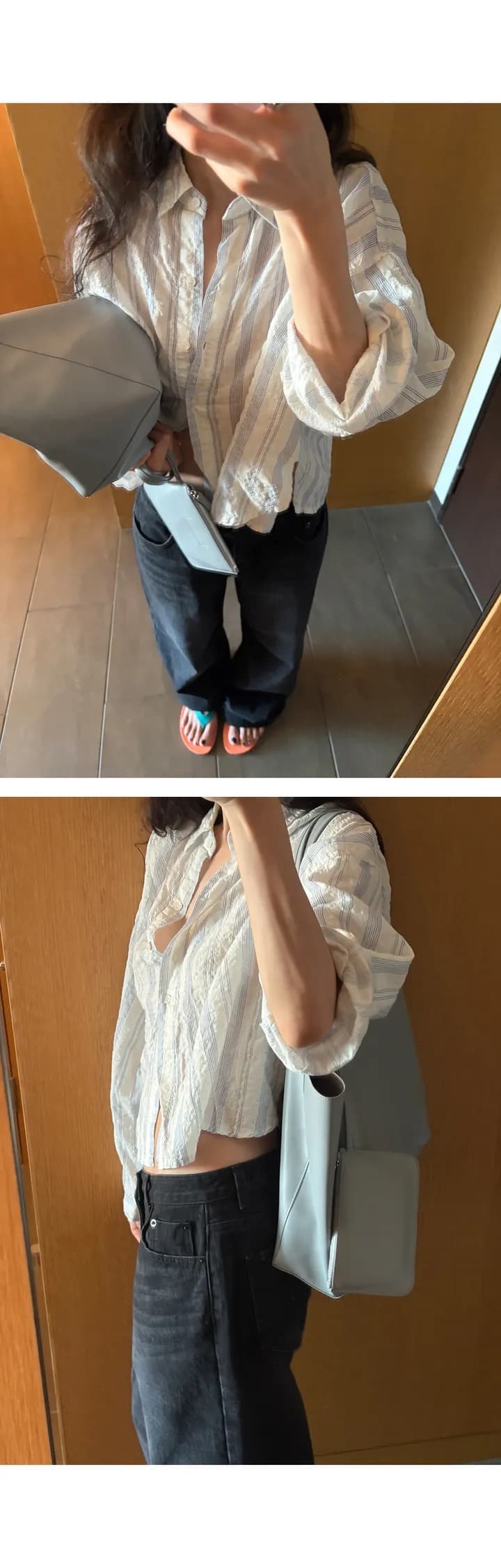 재고 있음 chic 캐주얼 바람 상쾌 스트라이프 출퇴근 다용도 루즈핏 자외선 차단 셔츠 상세 이미지 3