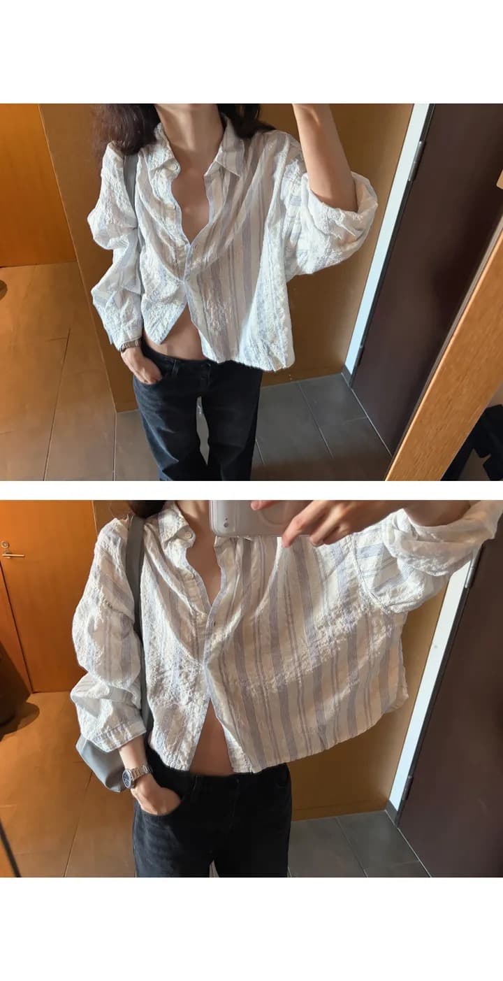 재고 있음 chic 캐주얼 바람 상쾌 스트라이프 출퇴근 다용도 루즈핏 자외선 차단 셔츠 상세 이미지 6