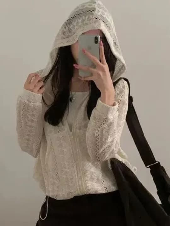 한국 26 홀로우 아웃 마이크로 ~을 통해 작은 대중 얇은 스타일 후드 캐주얼 지퍼 재킷 상세 이미지 6