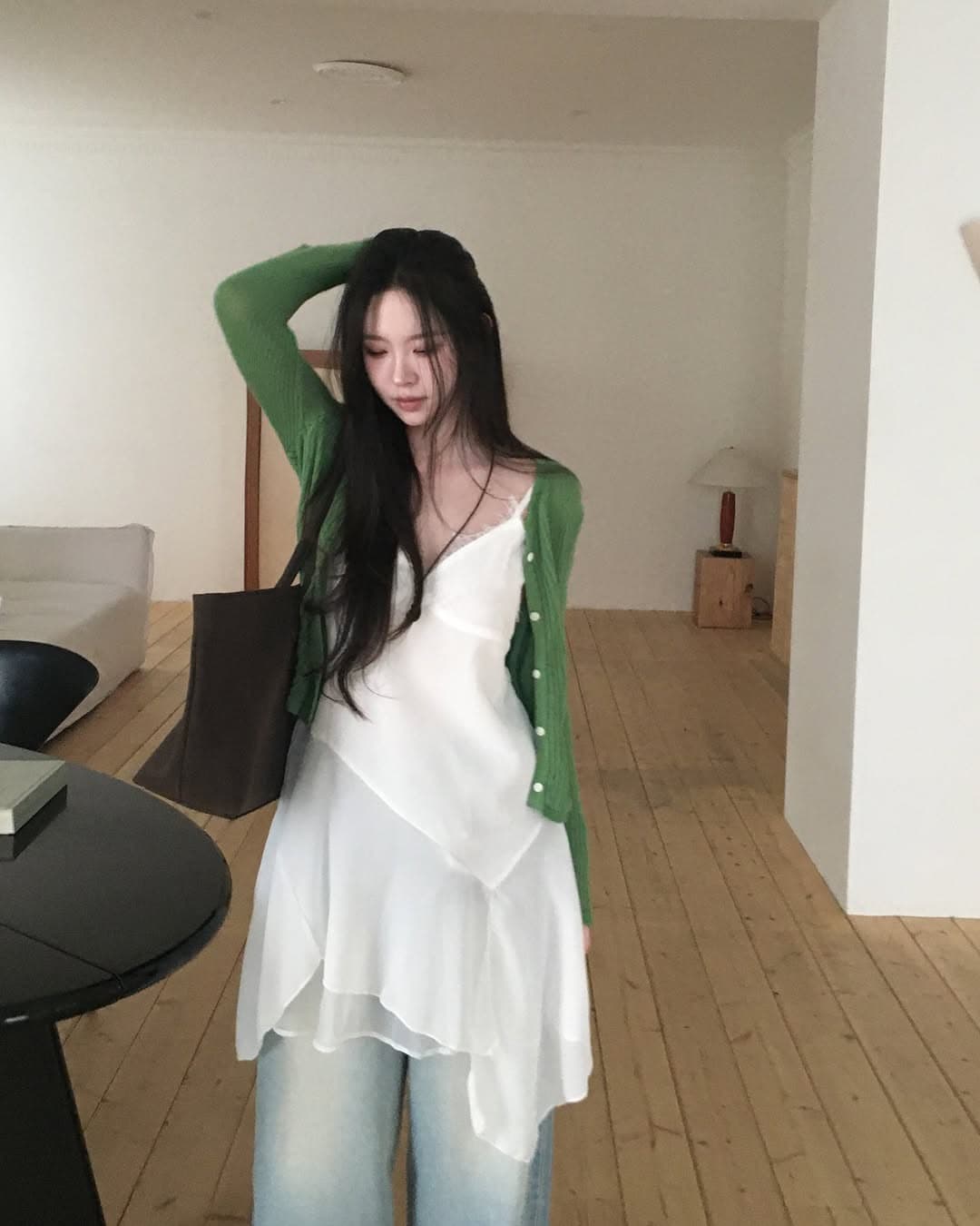 레이스 조각 비스듬한 진자 디자인 센스 슬립 드레스 상세 이미지 12