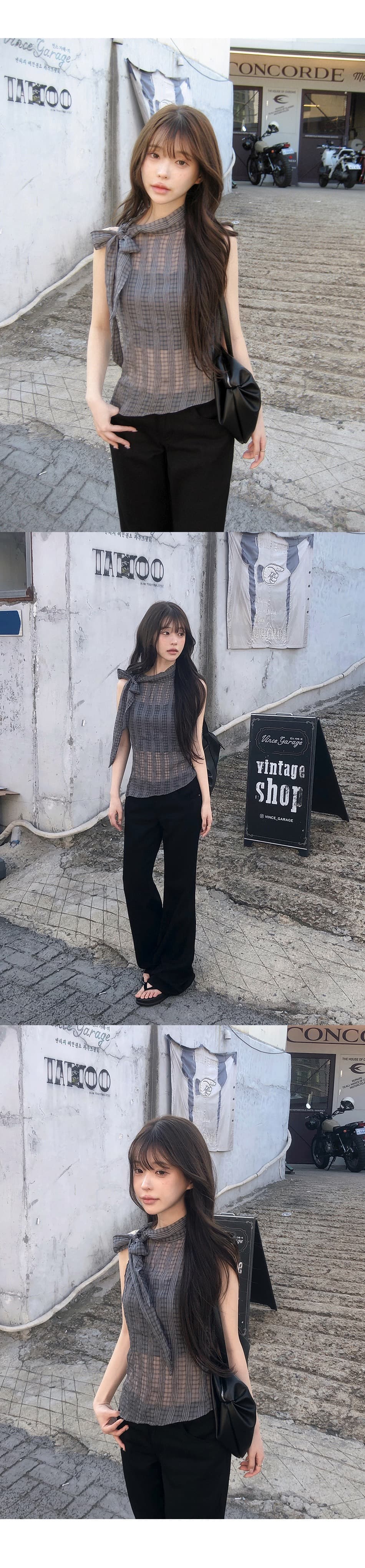 재고 있음 한국 나비 넥타이 터틀넥 민소매 체크무늬 조끼 작은 스탠드 칼라 얇은 스타일 ~을 통해 실 슬립 맨위 여성 상세 이미지 1