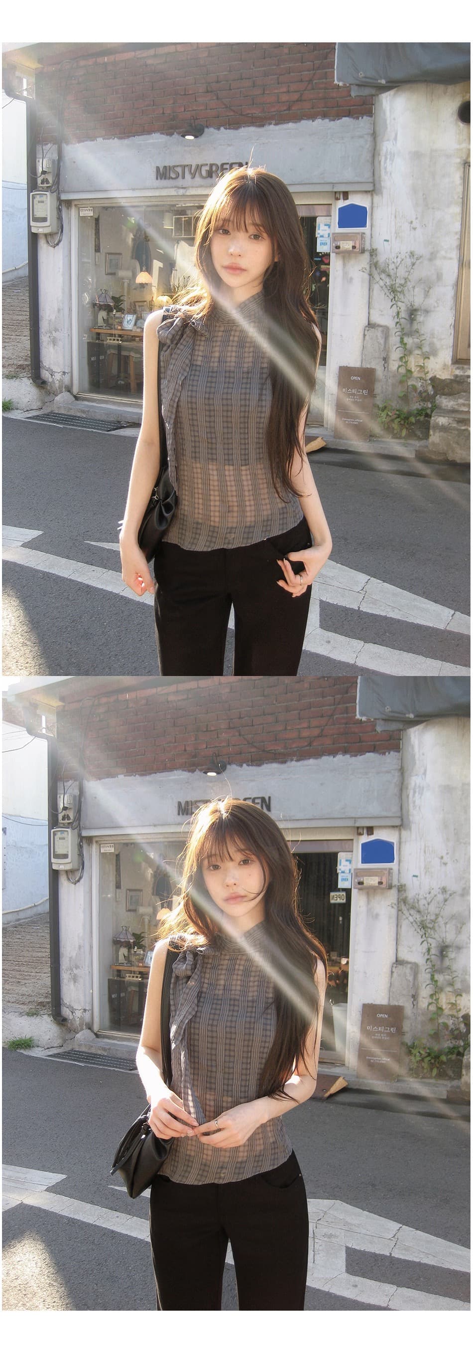 재고 있음 한국 나비 넥타이 터틀넥 민소매 체크무늬 조끼 작은 스탠드 칼라 얇은 스타일 ~을 통해 실 슬립 맨위 여성 상세 이미지 4