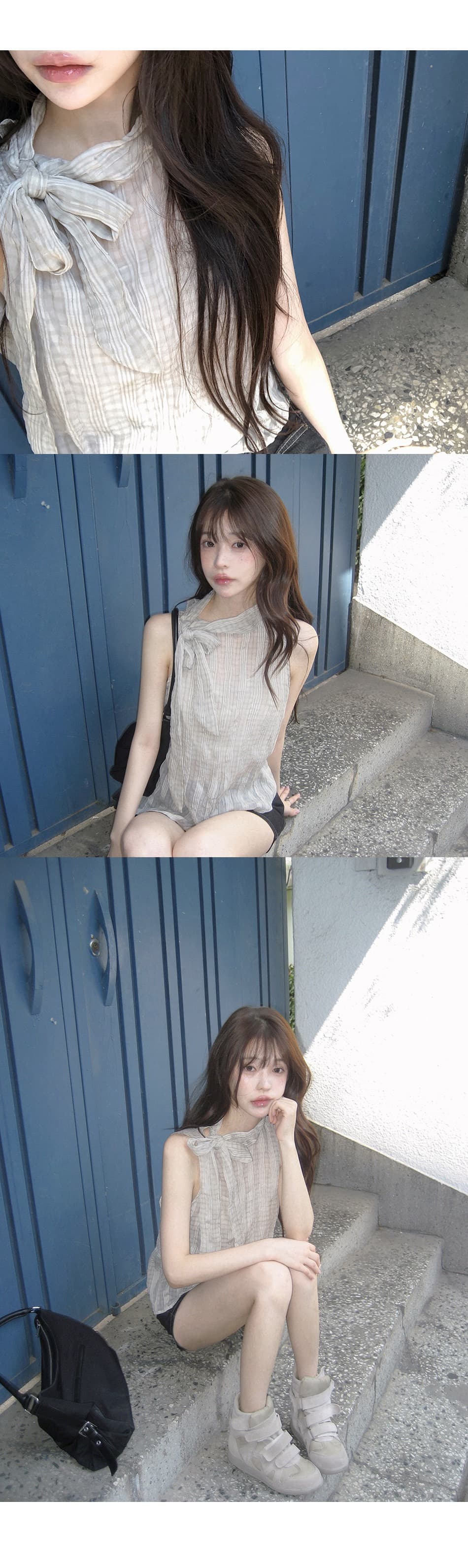 재고 있음 한국 나비 넥타이 터틀넥 민소매 체크무늬 조끼 작은 스탠드 칼라 얇은 스타일 ~을 통해 실 슬립 맨위 여성 상세 이미지 6