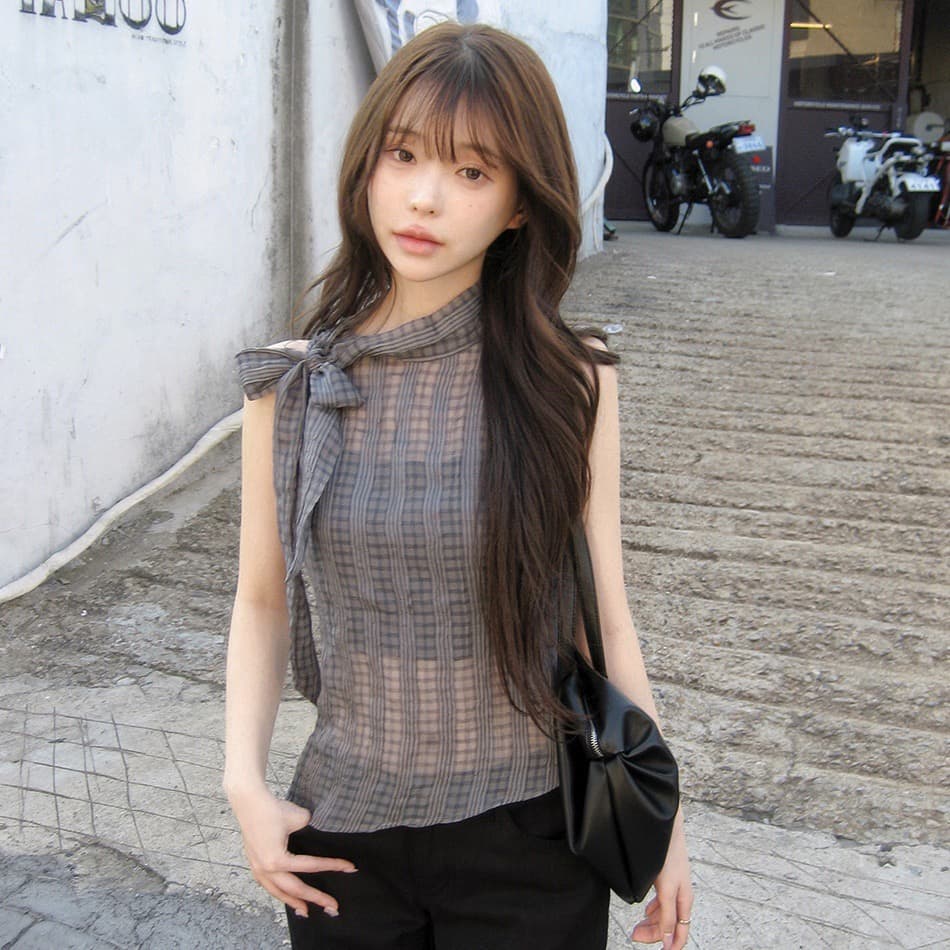 재고 있음 한국 나비 넥타이 터틀넥 민소매 체크무늬 조끼 작은 스탠드 칼라 얇은 스타일 ~을 통해 실 슬립 맨위 여성 상세 이미지 15