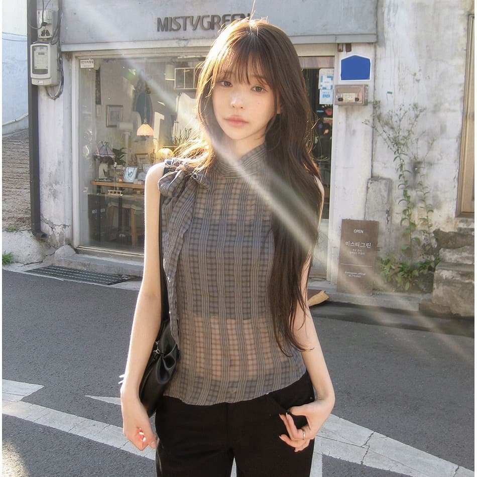 재고 있음 한국 나비 넥타이 터틀넥 민소매 체크무늬 조끼 작은 스탠드 칼라 얇은 스타일 ~을 통해 실 슬립 맨위 여성 상세 이미지 16