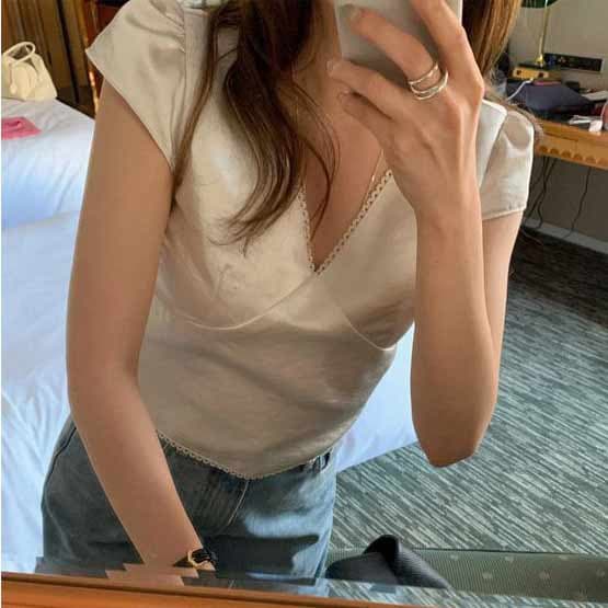 한국 chic 프랑스식 품격 V넥 십자가 반팔 작은 셔츠 레이스 측면 몸매 가꾸기 쇼트 스타일 맨위 상세 이미지 9
