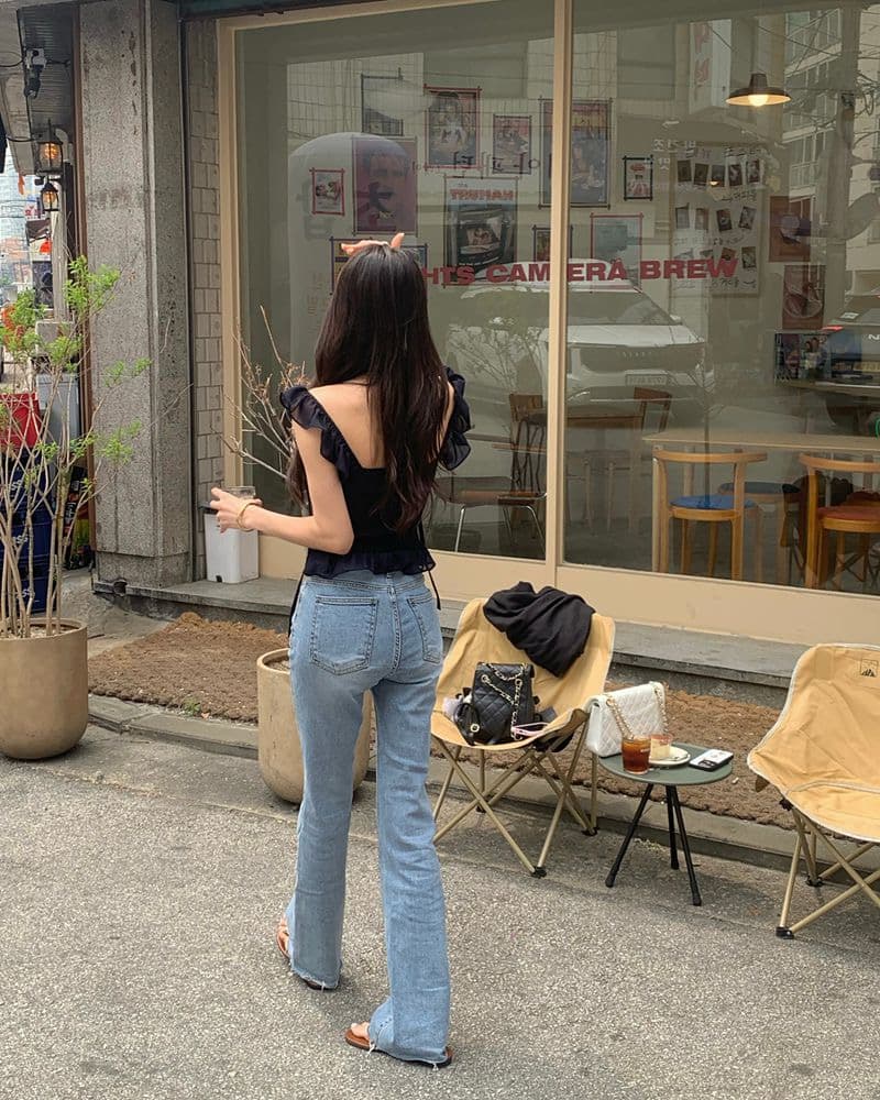 재고 있음 chic 품격 행침 목 오프숄더 맨위 허리 수축 불규칙 프릴 쉬폰 블라우스 상세 이미지 9
