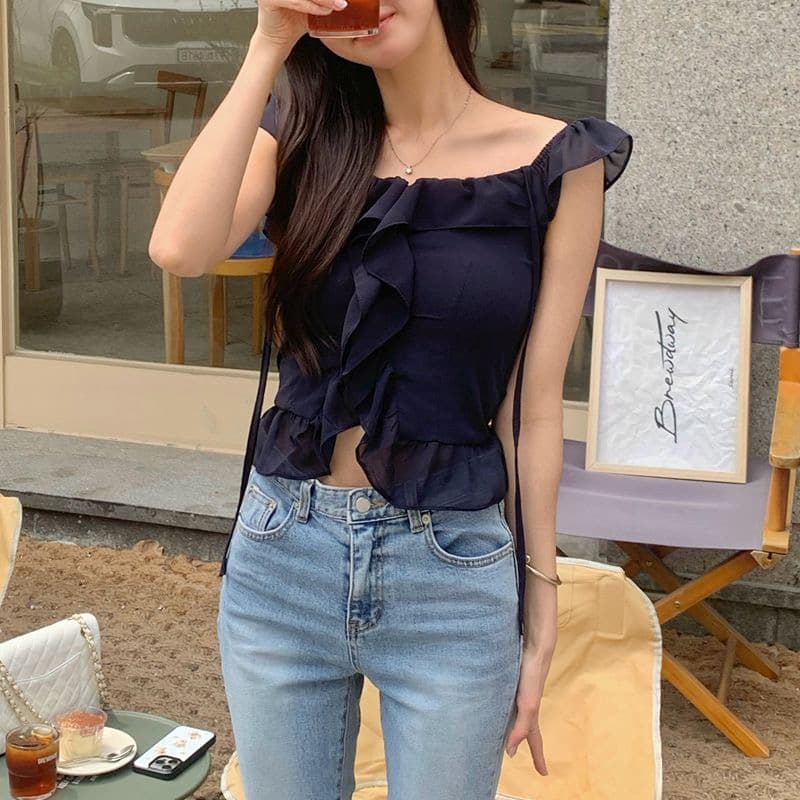 재고 있음 chic 품격 행침 목 오프숄더 맨위 허리 수축 불규칙 프릴 쉬폰 블라우스 상세 이미지 20