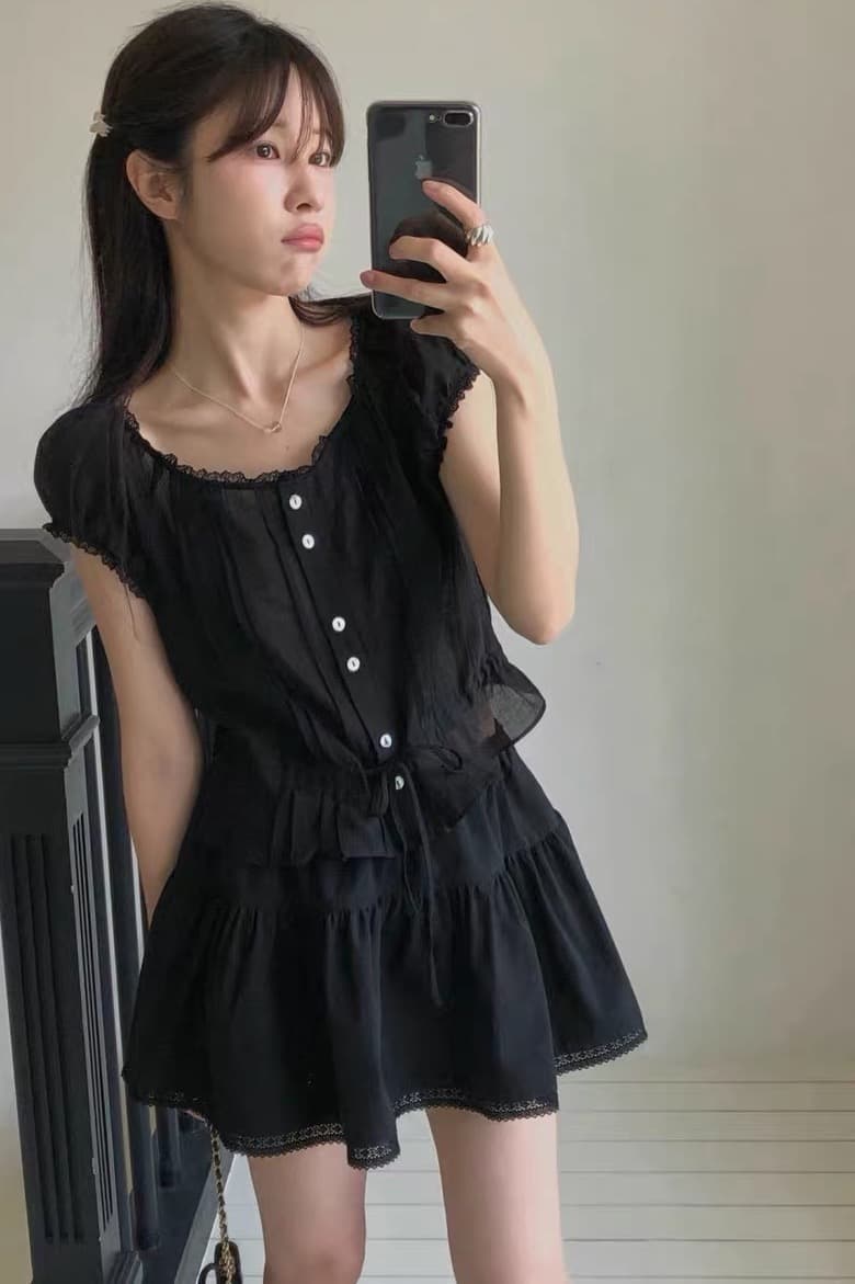 가지고있다 창고 한국 동대문 레이스 작은 레이스 부드러운 청 ~을 통해 달콤함 스트랩 짧은 셔츠 이미지 2