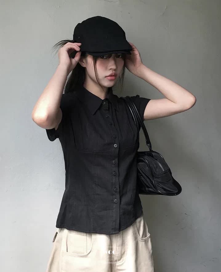 재고 있음 한국 동대문 학원 스타일 패치워크 얇은 스타일 마이크로 ~을 통해 부서 버클 폴로 칼라 반팔 셔츠 상세 이미지 6