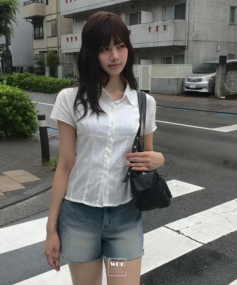재고 있음 한국 동대문 학원 스타일 패치워크 얇은 스타일 마이크로 ~을 통해 부서 버클 폴로 칼라 반팔 셔츠 상세 이미지 13
