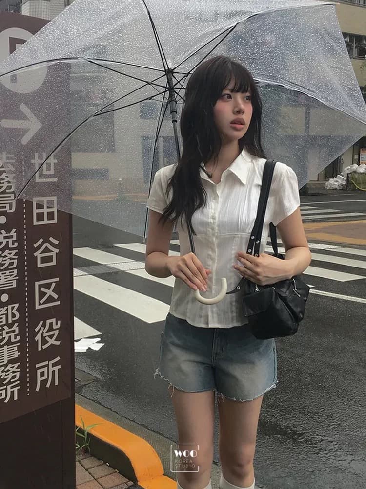 재고 있음 한국 동대문 학원 스타일 패치워크 얇은 스타일 마이크로 ~을 통해 부서 버클 폴로 칼라 반팔 셔츠 상세 이미지 14