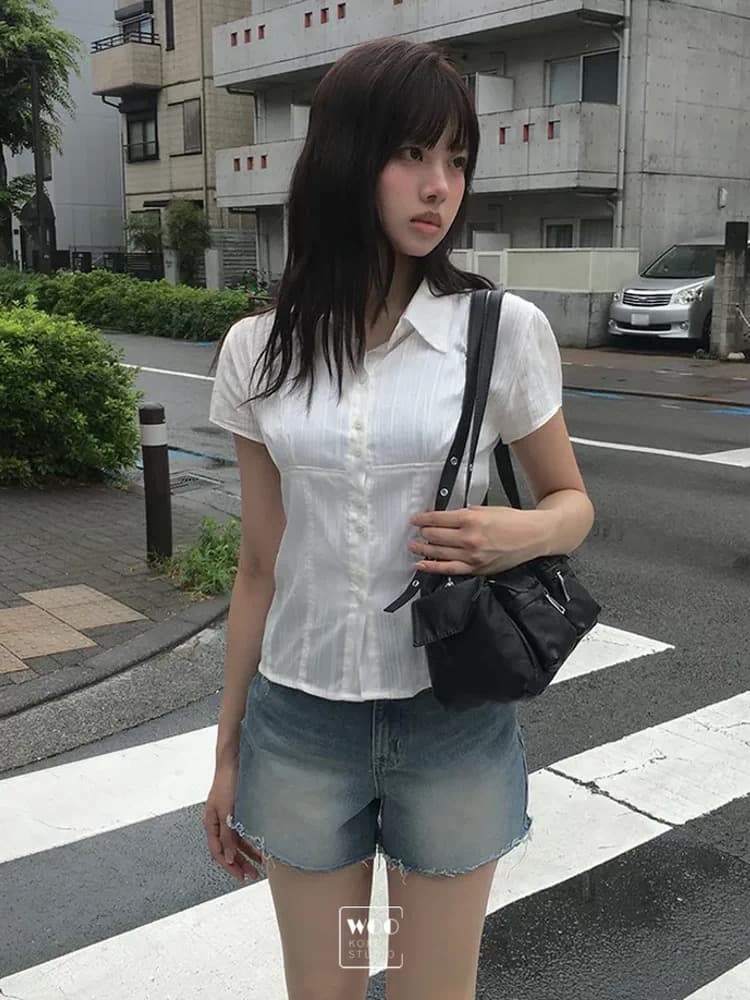 재고 있음 한국 동대문 학원 스타일 패치워크 얇은 스타일 마이크로 ~을 통해 부서 버클 폴로 칼라 반팔 셔츠 상세 이미지 15