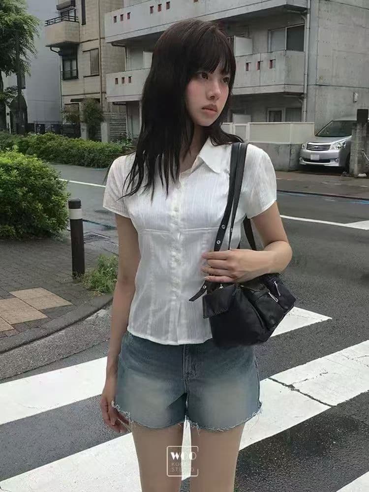 재고 있음 한국 동대문 학원 스타일 패치워크 얇은 스타일 마이크로 ~을 통해 부서 버클 폴로 칼라 반팔 셔츠 상세 이미지 17