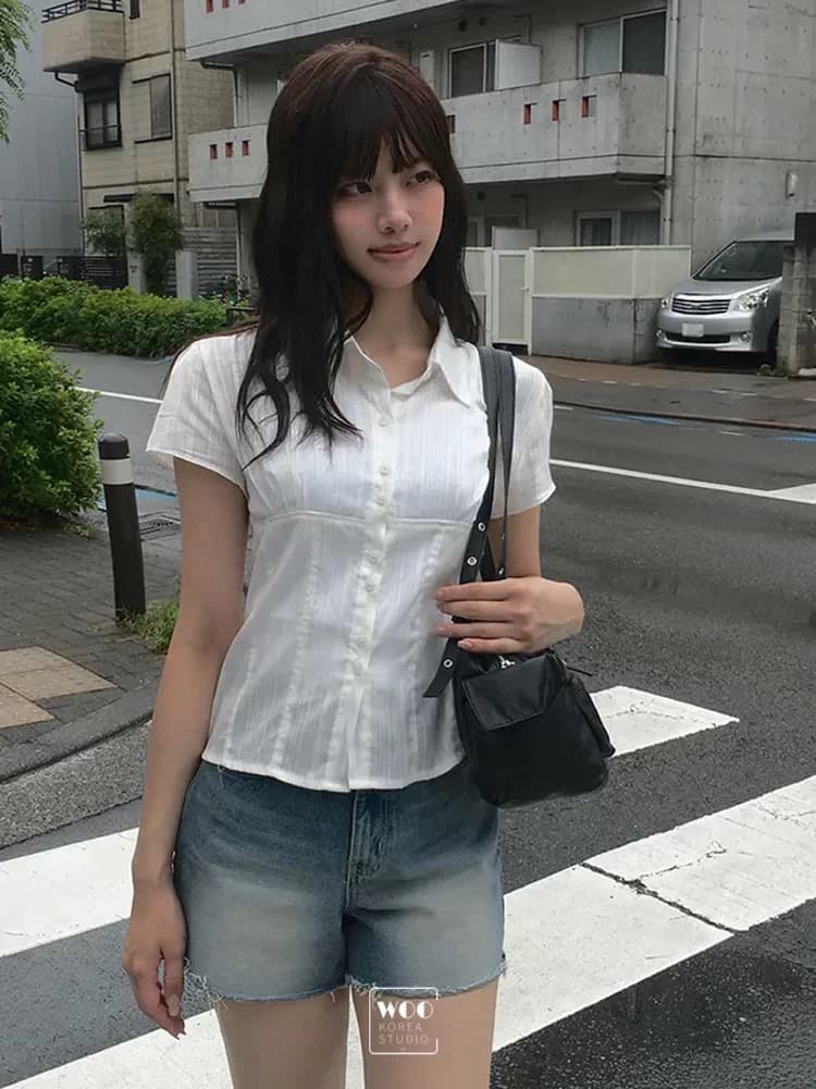 재고 있음 한국 동대문 학원 스타일 패치워크 얇은 스타일 마이크로 ~을 통해 부서 버클 폴로 칼라 반팔 셔츠 상세 이미지 21