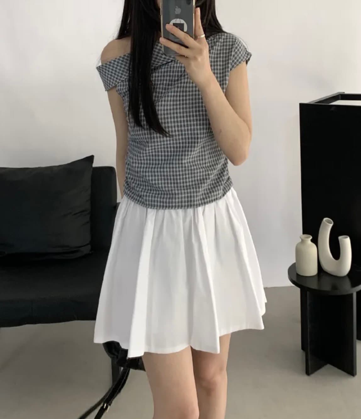 한국 스타일 chic 여름 비스듬한 칼라 오프숄더 격자 무늬 셔츠 디자인 센스 작은 대중 주름 허리 수축 오프숄더 쇼트 스타일 맨위 상세 이미지 13