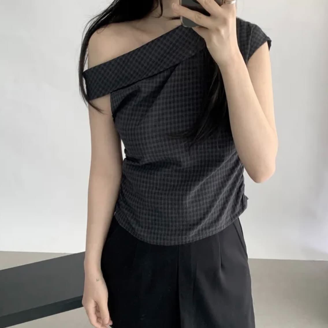 한국 스타일 chic 여름 비스듬한 칼라 오프숄더 격자 무늬 셔츠 디자인 센스 작은 대중 주름 허리 수축 오프숄더 쇼트 스타일 맨위 상세 이미지 17